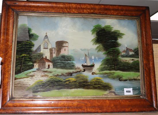 A Victorian reverse painted glass landscape picture, maple framed, 15 x 23in.